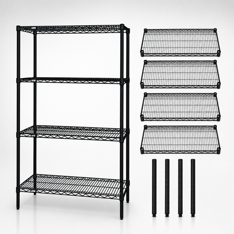 Product image #3 for Quantum 42 Inch x 14 Inch x 63 Inch 4-Shelf Wire Shelving Starter Kit, Black Epoxy Antimicrobial Finish