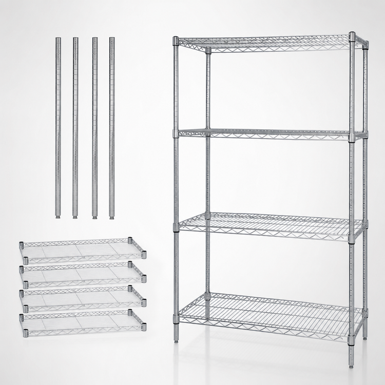 Product image #3 for Quantum Chrome Plated Stationary Wire Shelving Starter Kit, 72"W x 14"D x 54"H, 4 Shelves