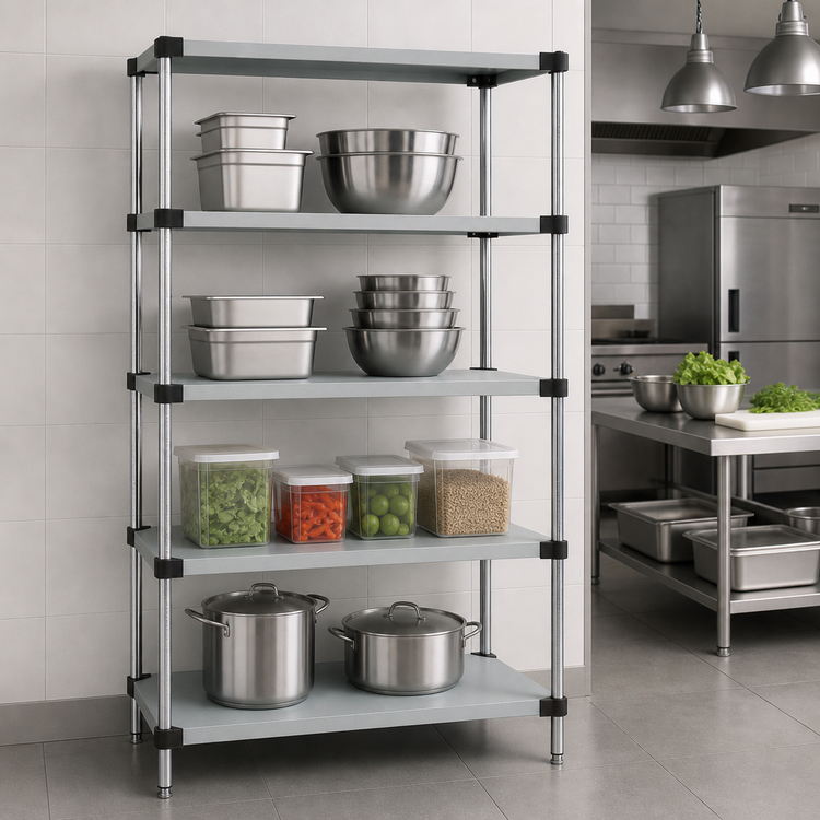Product image #3 for Quantum Solid Stainless Steel Stationary Shelving Starter Kit with 4 Shelves and 4 Posts, 24W x 21D x 86H