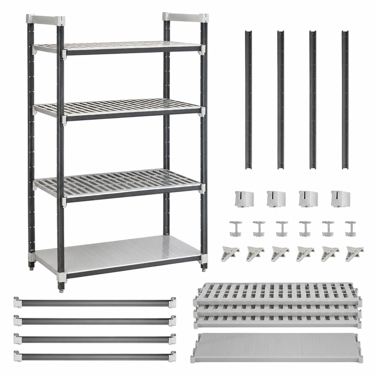 Product image #3 for Cambro Camshelving Elements XTRA 4-Tier Stationary Starter Shelving Unit, 21 x 54 x 72 Inch, 3 Vented + 1 Solid Shelf Plates, Speckled Gray