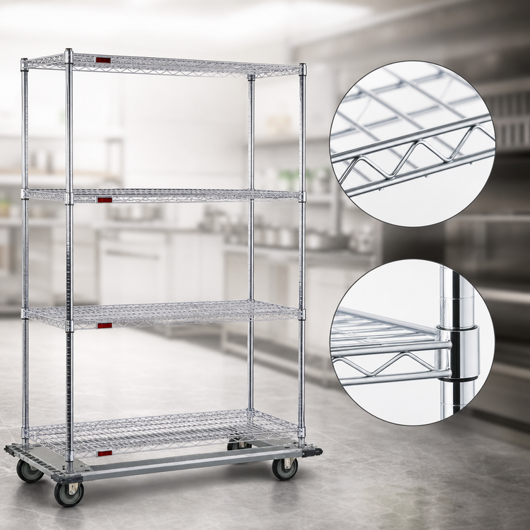 Product image #3 for 4-Tier Chrome Wire Dolly Truck Shelving Unit with 48 x 18 Inch Shelves
