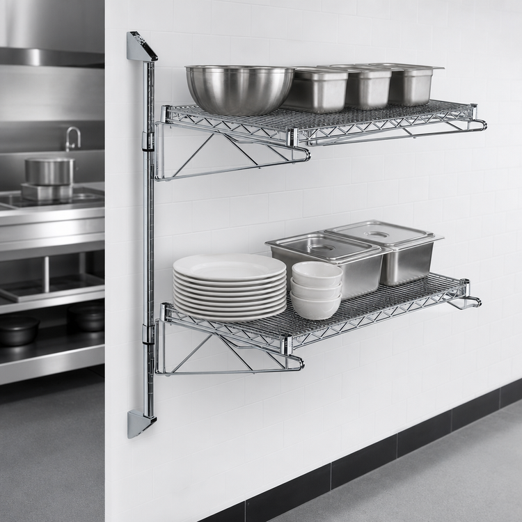 Product image #3 for Quantum Wall-Mounted Cantilever Double-Shelf Wire Shelving Unit, 60 x 24 Inches, Chrome Plated