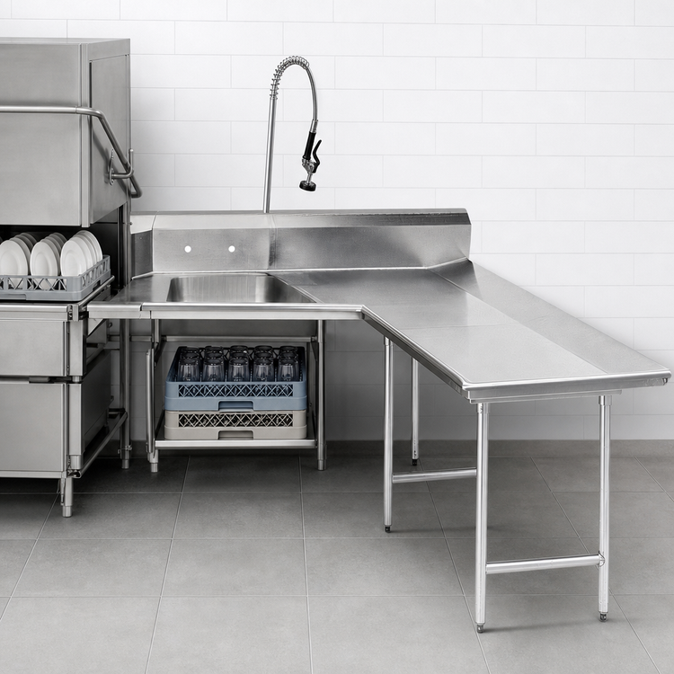 Product image #3 for Advance Tabco L-Shaped Right-Hand Dishlanding Soil Dishtable with Landing and Pre-Rinse Sink, 119-Inch Long, 16-Gauge 304 Stainless Steel