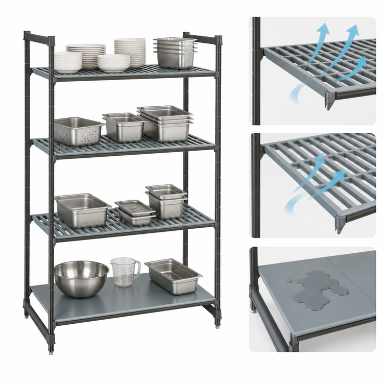 Product image #3 for Cambro Camshelving Basics Plus 4-Tier Stationary Starter Shelving Unit, 18"W x 30"L x 72"H, 3 Vented + 1 Solid, Brushed Graphite