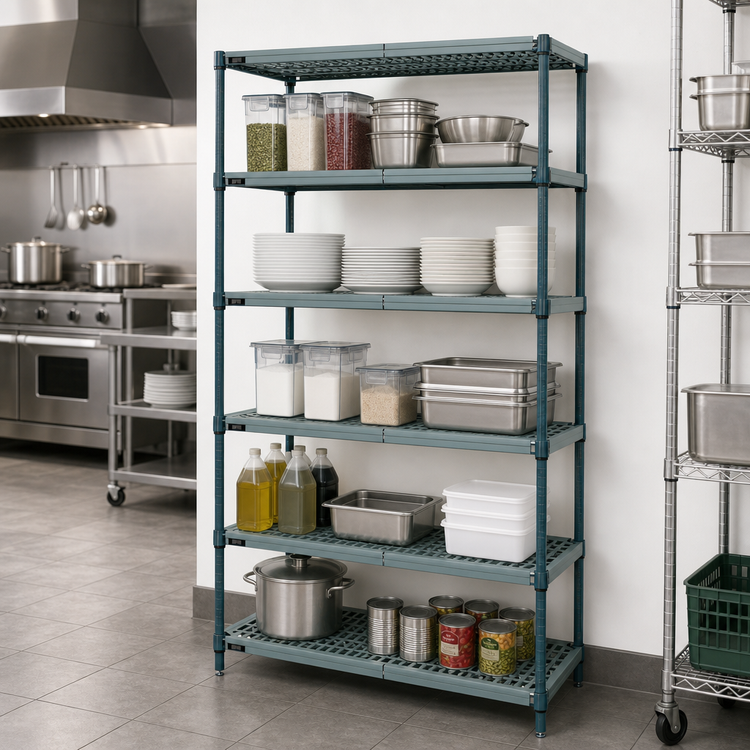 Product image #3 for Quantum 5-Tier Wire Plastic Mat Shelving Unit, 48 x 18 x 74 Inches, Stationary, Green Epoxy Antimicrobial