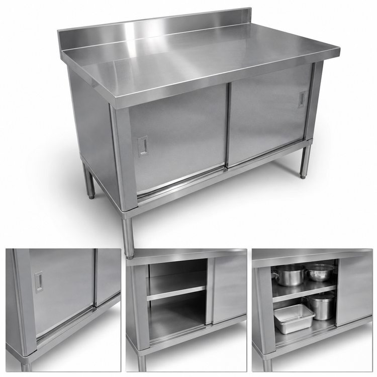 Product image #3 for Omcan USA 72-Inch Enclosed Work Table with Cabinet Base, Sliding Doors, and 4-Inch Backsplash