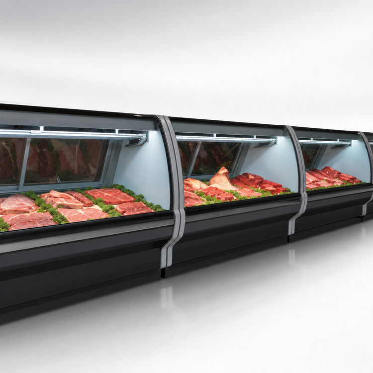 Product image #3 for Howard-McCray 40E Series 99.5-Inch Self-Contained Red Meat Curved Glass Refrigerated Service Case, Black Exterior/White Interior, LED