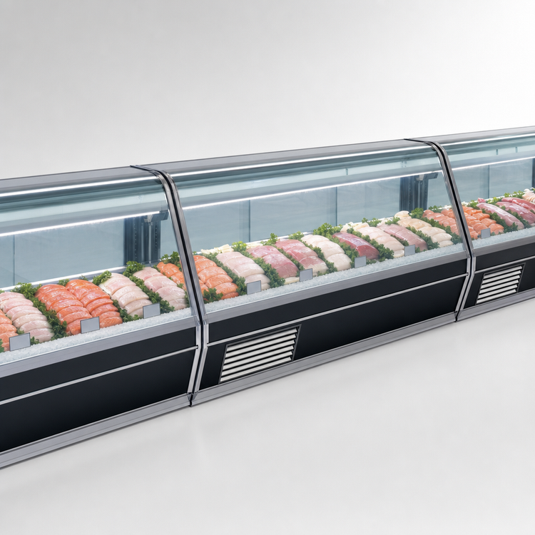 Product image #3 for Howard-McCray 32E Series 74-Inch Curved Glass Fish/Poultry Service Case, Self-Contained Refrigeration, Endless Design, LED Lighting