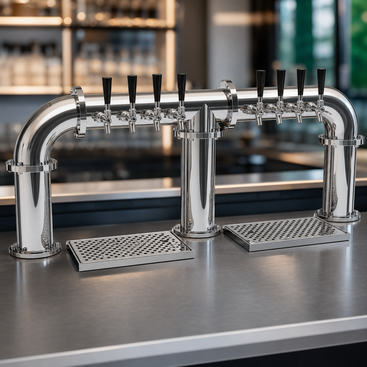 Product image #3 for 3-Column 8-Faucet Countertop Pipe Bridge Draft Dispensing Tower, Glycol-Cooled, Mirror Finish
