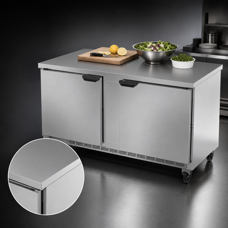 Product image #3 for Beverage-Air 60-Inch Two-Section Worktop Refrigerator with Flat Top and Solid Doors