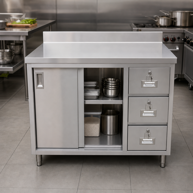Product image #3 for Omcan Stainless Steel Enclosed Work Table with Sliding Doors and 3 Drawers, 48 x 30 Inches