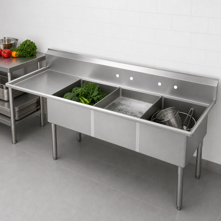 Product image #3 for BK Resources Three-Compartment Stainless Steel Sink with Left Drainboard, 24 x 24 x 14 Inch Bowls