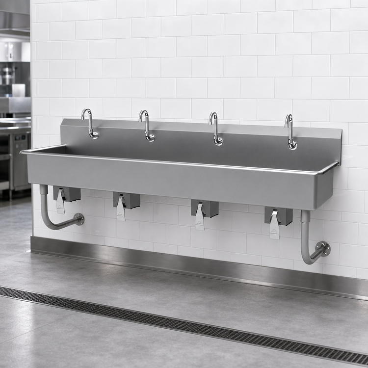 Product image #3 for Advance Tabco 4-Station Wall Mounted Knee Operated Multiwash Hand Sink with Gooseneck Spouts, 80 Inch, 304 Stainless Steel