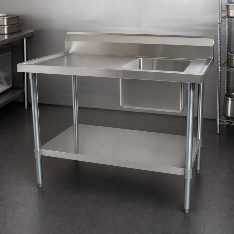 Product image #3 for BK Resources 48-Inch x 30-Inch 18/304 Stainless Steel Sink Table with Right-Side Prep Sink and 6-Inch Riser