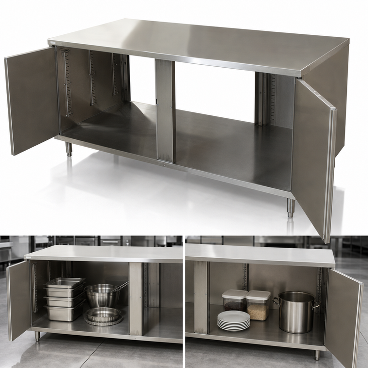 Product image #3 for BK Resources Dual-Access Stainless Steel Chef Table Cabinet Base with Hinged Doors, 72 x 24 Inches, 14-Gauge Top