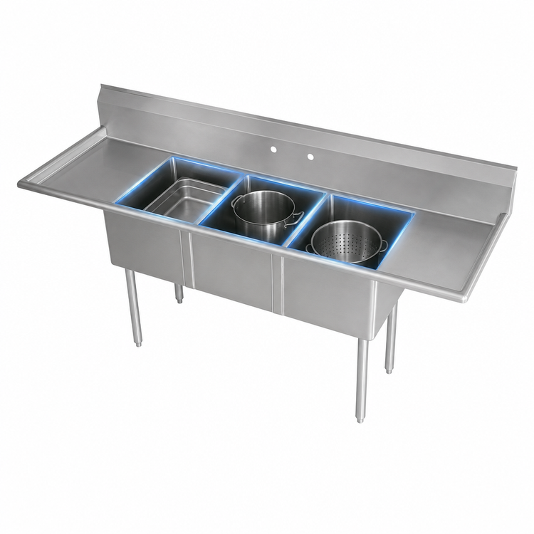Product image #3 for Omcan 62-Inch Wide 3-Compartment Pot Sink with Left & Right Drainboards