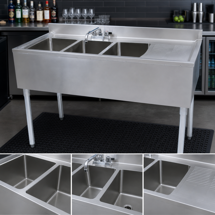 Product image #3 for BK Resources 48-Inch Three-Compartment Stainless Steel Underbar Sink with Right Drainboard and Faucet