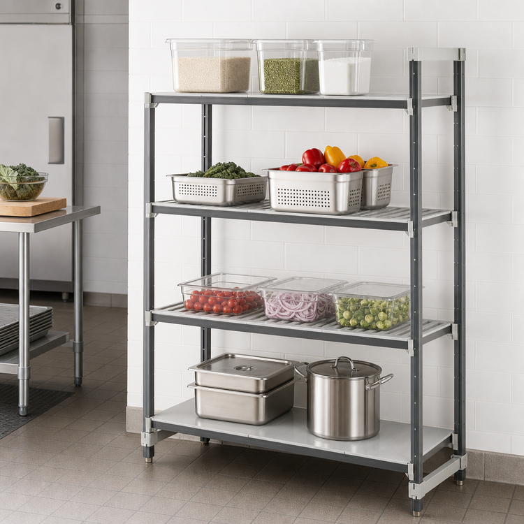Product image #3 for Cambro Camshelving Elements XTRA Stationary Add-On Polymer Shelving Unit, 42"W x 24"D x 64"H, 4-Shelf Vented/Solid, Speckled Gray