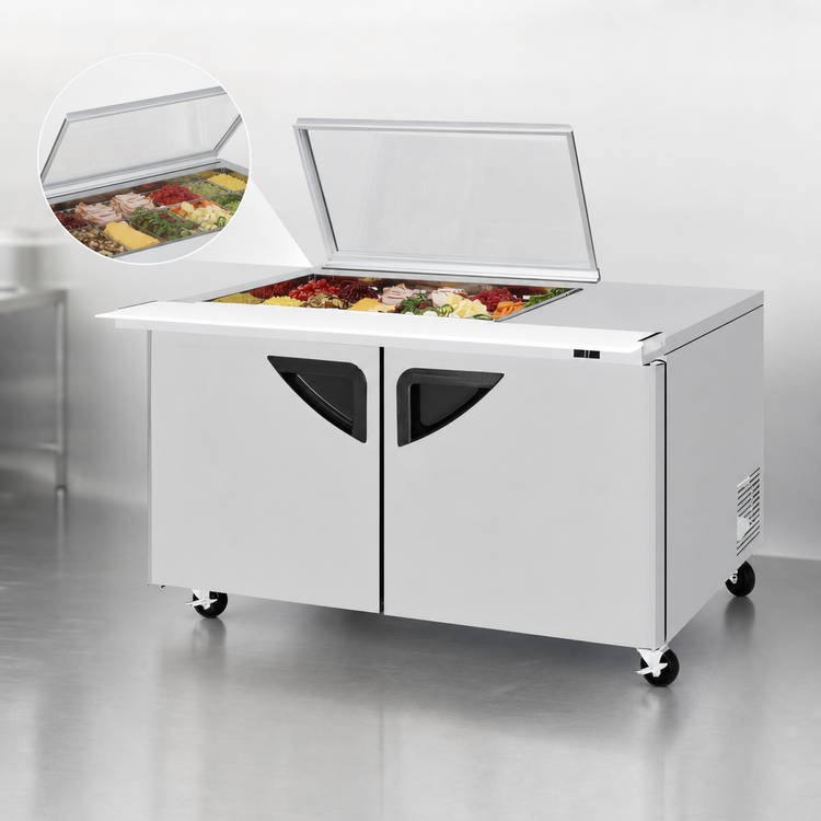 Product image #4 for Turbo Air Super Deluxe 60-1/4-Inch 2-Section 19 Cu. Ft. Sandwich/Salad Mega Prep Table with Glass Lid and Work Station