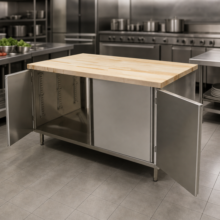 Product image #3 for BK Resources 60" x 30" Dual-Access Hard Maple Top Chef Table with Stainless Steel Cabinet Base