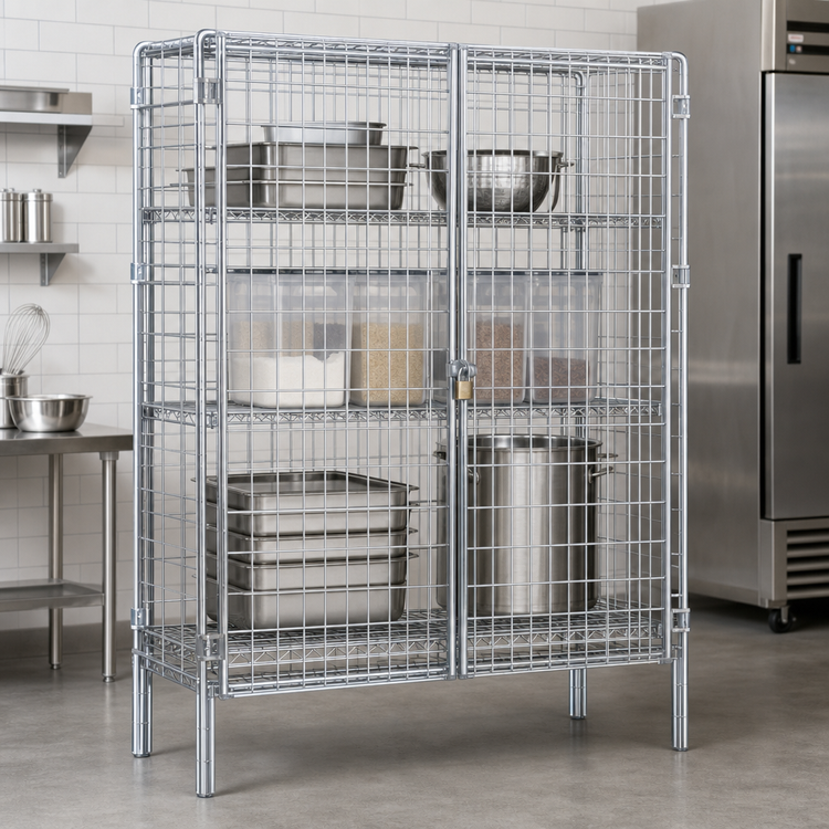 Product image #3 for QuadTruss Stationary Wire Security Cage with Dual Padlock-Ready Doors, Chrome-Plated Finish, 51-1/4 x 27-1/4 x 67 Inches