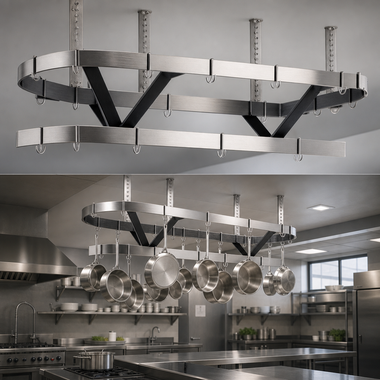 Product image #3 for Advance Tabco SC-120 Ceiling-Mounted Triple-Bar Stainless Steel Pot Rack with 18 Hooks, 120 Inches Wide