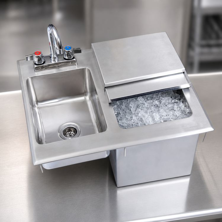 Product image #3 for BK Resources Drop-In Ice Bin with Sink, Right-Hand, 21 x 18 Inch, 304 Stainless Steel