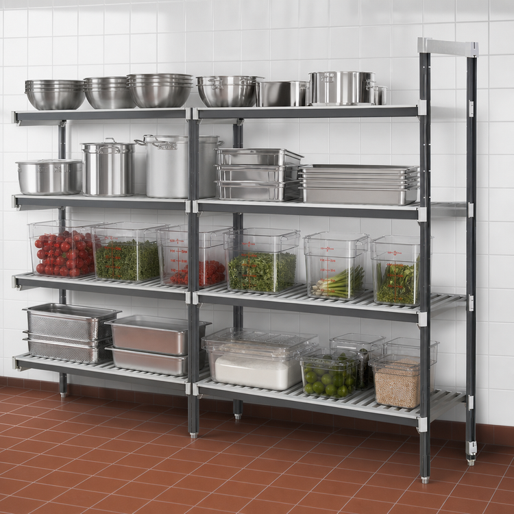 Product image #3 for Cambro Camshelving Elements XTRA 4-Tier Vented Stationary Add-On Polymer Shelving Unit, 21" x 42" x 72", Speckled Gray