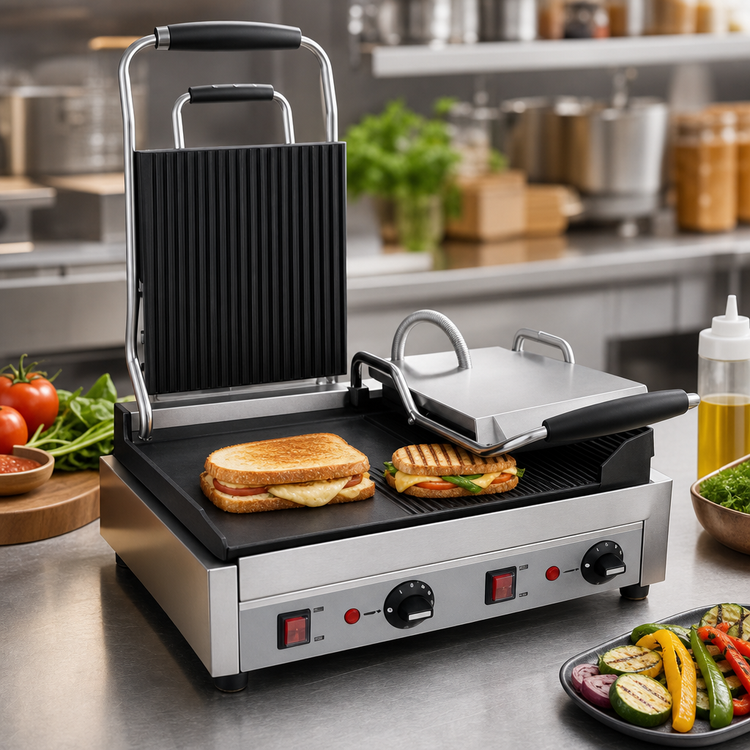 Product image #3 for Eurodib Commercial Double Countertop Electric Panini Grill with Left Flat and Right Ribbed Cast Iron Plates