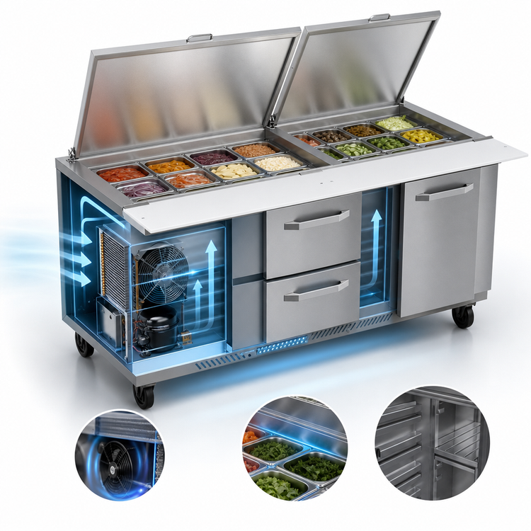 Product image #4 for Victory UltraSpec V-Core 72-Inch Three-Section Sandwich Prep Table with 30 1/6-Size Pan Top, 1 Door, and 4 Drawers