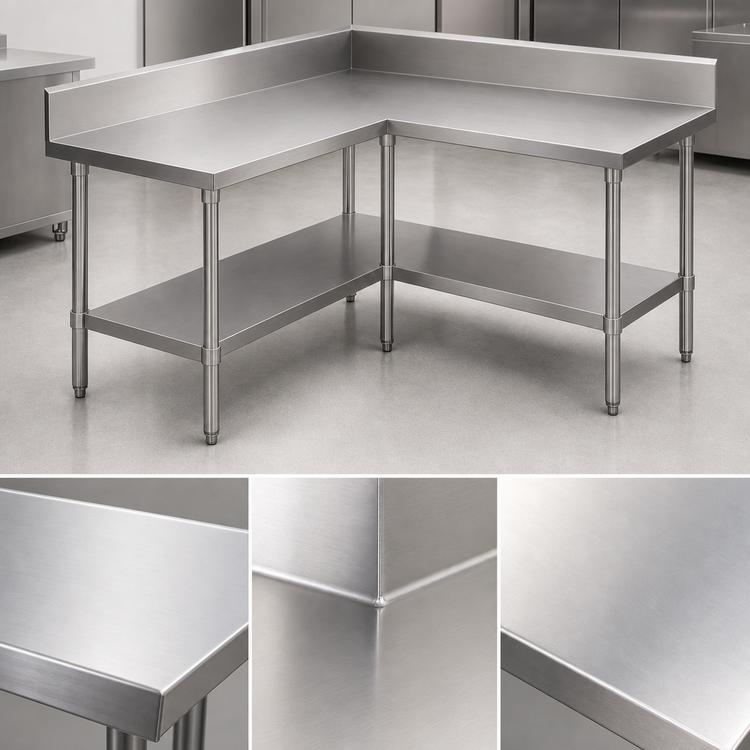 Product image #3 for John Boos L-Shaped Stainless Steel Corner Work Table with 5-Inch Backsplash and Adjustable Undershelf