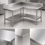 Thumbnail image #3 for John Boos ST4R5-L3060SSK L-Shaped Stainless Steel Corner Work Table, 60" x 60", 14-Gauge 300 Series Top, 5" Backsplash, Undershelf