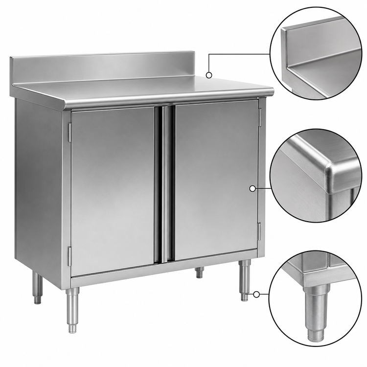 Product image #3 for Spec-Master Enclosed Work Table with Hinged Doors, 72 x 24 Inches, 14-Gauge 304 Stainless Steel Top, 4-1/2 Inch Backsplash