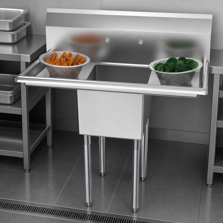 Product image #3 for KoolMore 38-Inch Freestanding 1-Compartment 18-Gauge Stainless Steel Sink with Dual Drainboards and Backsplash