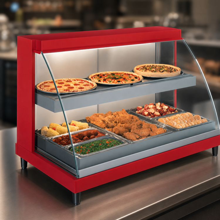Product image #3 for Hatco Glo-Ray Designer 3-Pan Dual-Shelf Heated Display Case, Curved Glass, 120V Countertop Hot Food Display
