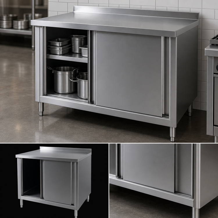 Product image #3 for 60-Inch Stainless Steel Enclosed Work Table with Sliding Doors and 2-Inch Rear Upturn