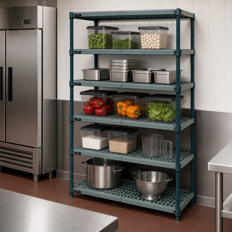 Product image #3 for Quantum 5-Tier Stationary Wire Plastic Mat Shelving Unit, 60W x 24D x 63H, Green Epoxy Coated