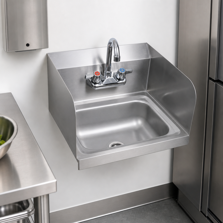 Product image #3 for BK Resources 14" x 10" Wall Mount Hand Sink Package with Lead-Free Faucet, Dual Side Splashes, and Marine Edge