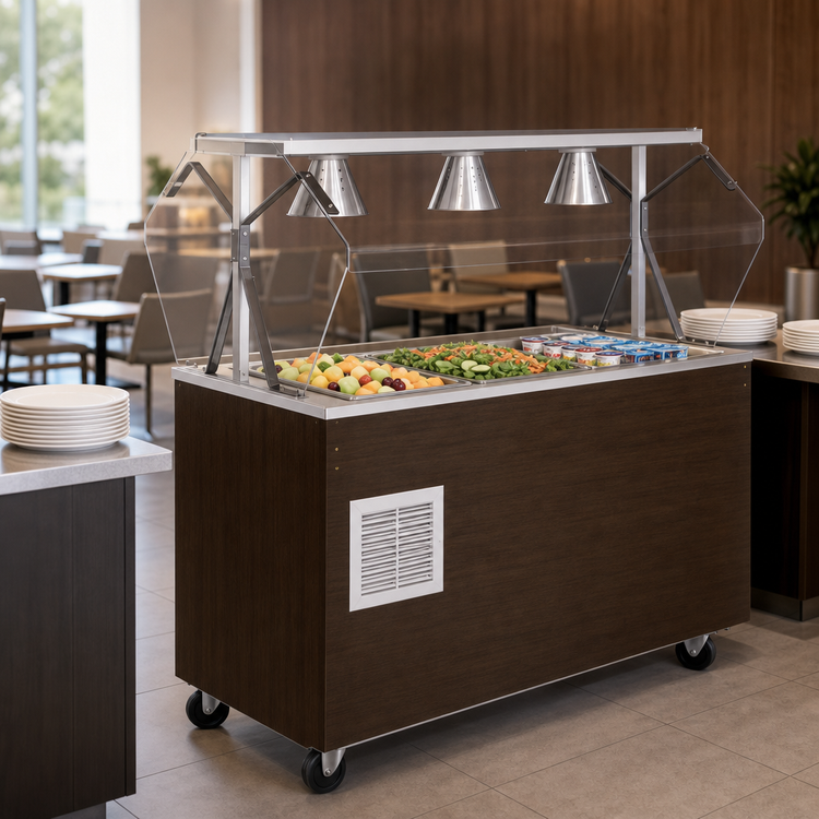 Product image #3 for Vollrath 2-Series Affordable Portable Refrigerated Cafeteria Serving Station with Breath Guard, 3-Pan, Walnut Woodgrain Base