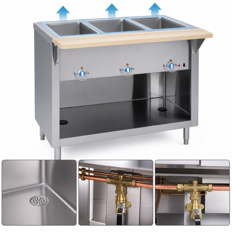 Product image #3 for Thurmaduke 46-Inch Electric Steamtable with 3 Sealed Wells and Open Storage Base