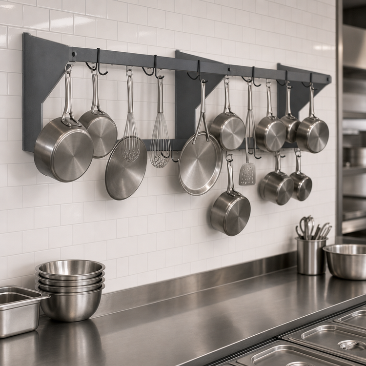 Product image #3 for Eagle Group Wall-Mounted Double-Bar Aluminum Pot Rack with 20 Double-Pronged Hooks, 120 Inches Wide