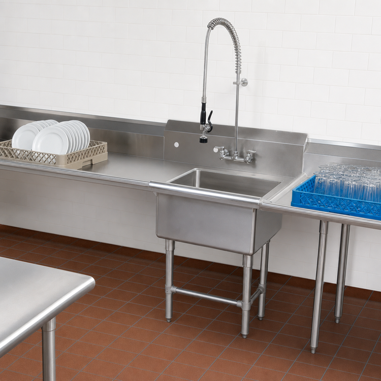 Product image #3 for BK Resources 26-Inch Heavy Duty Straight Soiled Dishtable with Left-to-Right Operation, 10-Inch Backsplash and Pre-Rinse Sink
