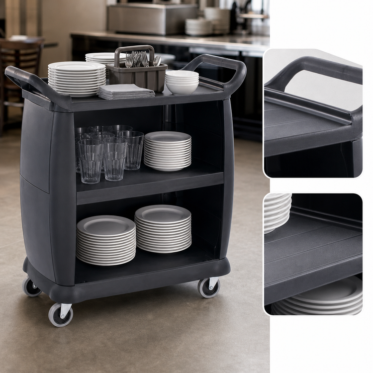 Product image #3 for Carlisle 36 Inch x 18 Inch Black Polypropylene Bussing Cart with 3 Shelves and Enclosed Ends and Back