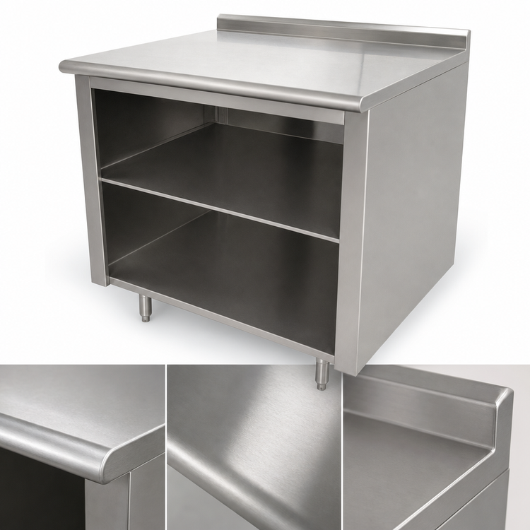 Product image #3 for Advance Tabco 48" x 30" Open Front Cabinet Base Stainless Steel Work Table with Mid-Shelf, 14 Gauge 304 Top, and 1-1/2" Rear Up-Turn