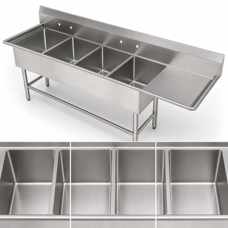 Product image #3 for John Boos Pro-Bowl 4-Compartment Sink with Right Drainboard, 18 x 24 x 14 Inch Bowls, 14 Gauge Stainless Steel