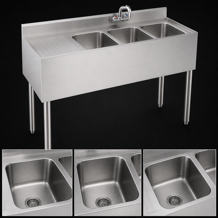 Product image #3 for Krowne Silver Series Three-Compartment Stainless Steel Underbar Bar Sink with Left Drainboard, 48-Inch Wide