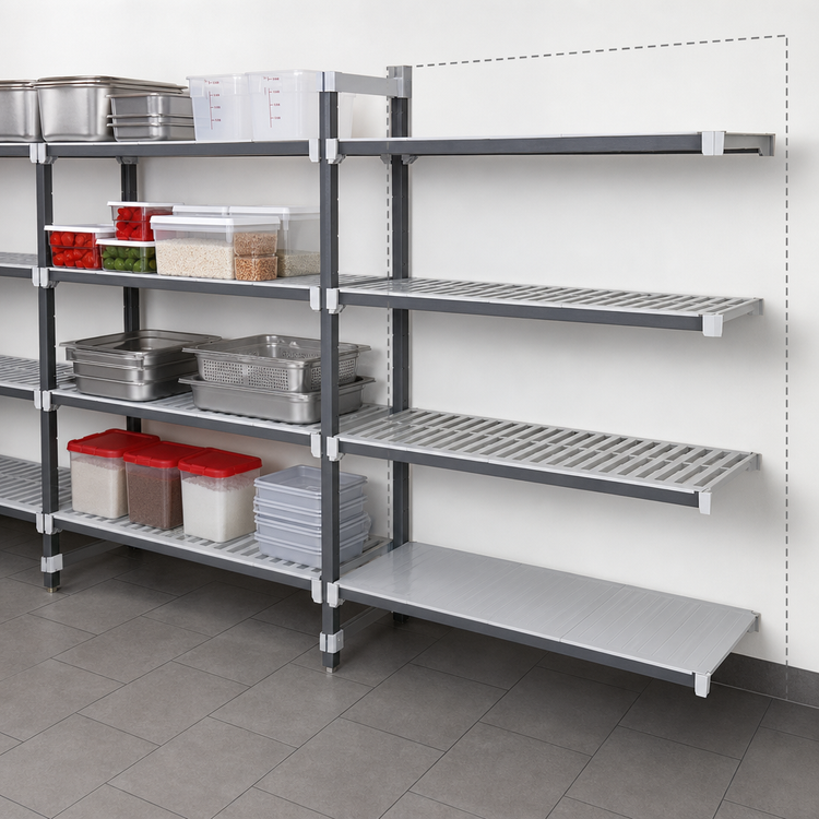 Product image #3 for Cambro Camshelving Elements XTRA Stationary Add-On Polymer Shelving Unit, 21-Inch Deep x 54-Inch Long x 72-Inch High, 4-Tier, Vented and Solid, Speckled Gray