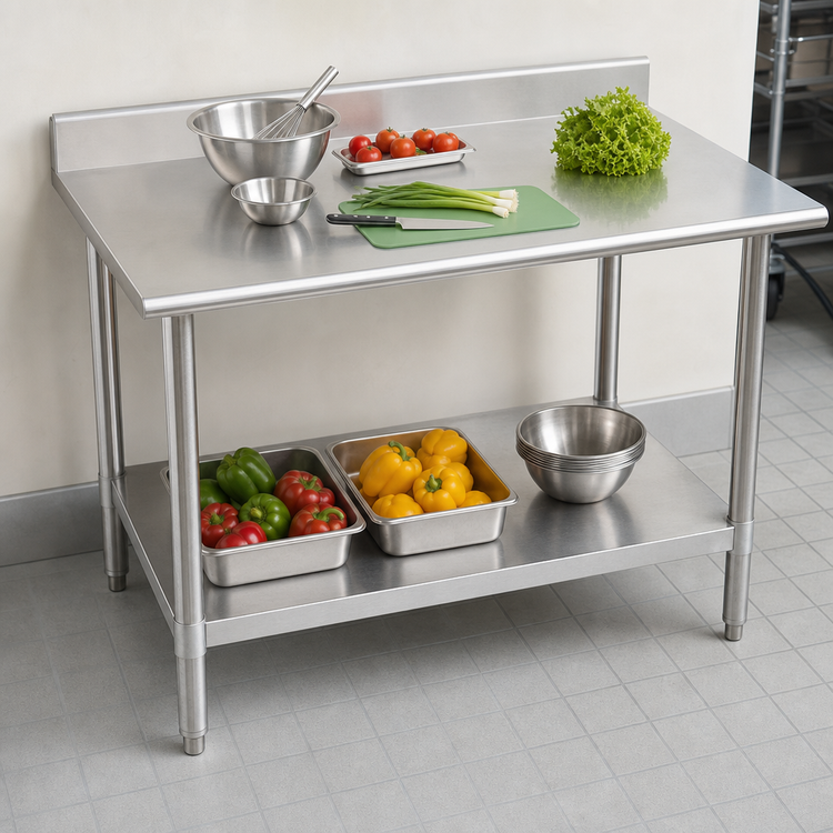 Product image #3 for Eagle Group Deluxe Series Stainless Steel Work Table with 4-1/2-Inch Backsplash and Adjustable Undershelf