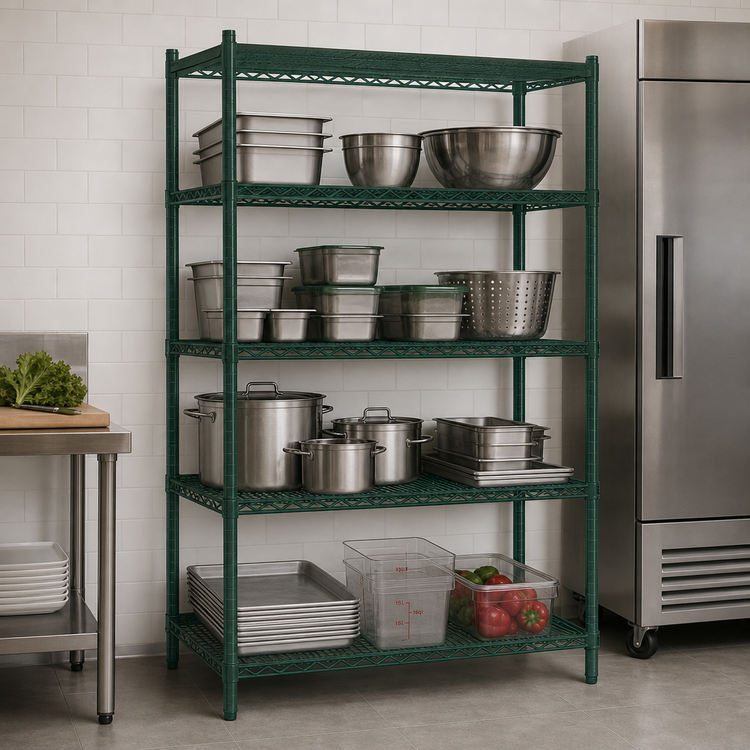 Product image #3 for Omcan USA 60-Inch Wide 4-Shelf Stationary Wire Shelving Unit, 24-Inch Deep, Epoxy-Coated Green