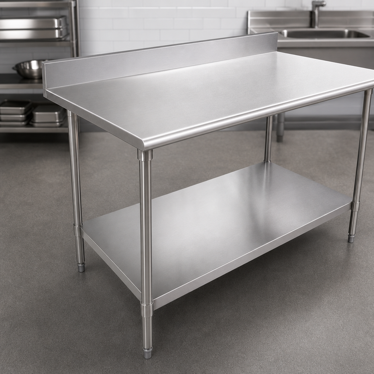 Product image #3 for John Boos Stallion 108-Inch x 30-Inch 16-Gauge 300 Series Stainless Steel Top Work Table with 5-Inch Backsplash and Adjustable Undershelf